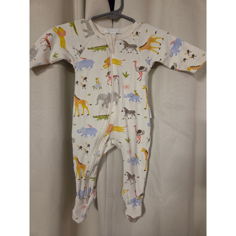 Purebaby Safari Animal Print Zip Footed Sleeper Organic Cotton Cream 0-3 Months
